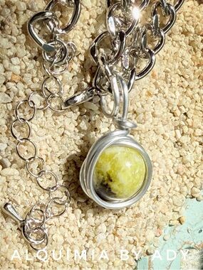 CUBAN CHAIN Silver Wire-Wrap Necklace with Yellow-Green TURQUOISE Gemstone